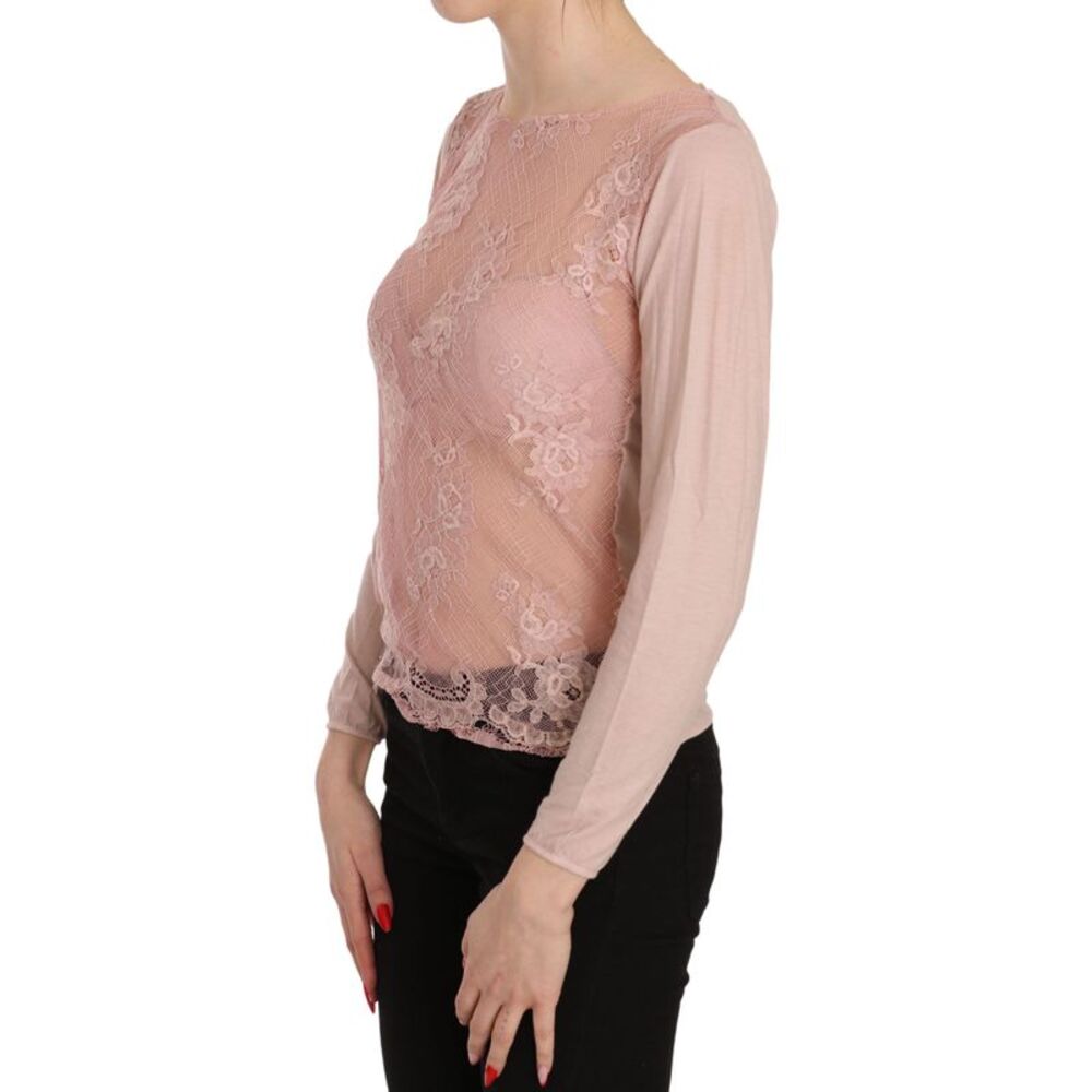 PINK MEMORIES Pink Lace See Through Long Sleeve Top Women's Blouse